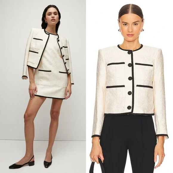 VERONICA BEARD Darla Jacquard Contrast Trim Jacket Size 10 Ivory Black - Picture 12 of 16